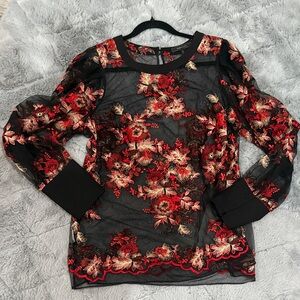 BCBGMaxAzria Sheer Black Blouse with Red Floral Embroidery